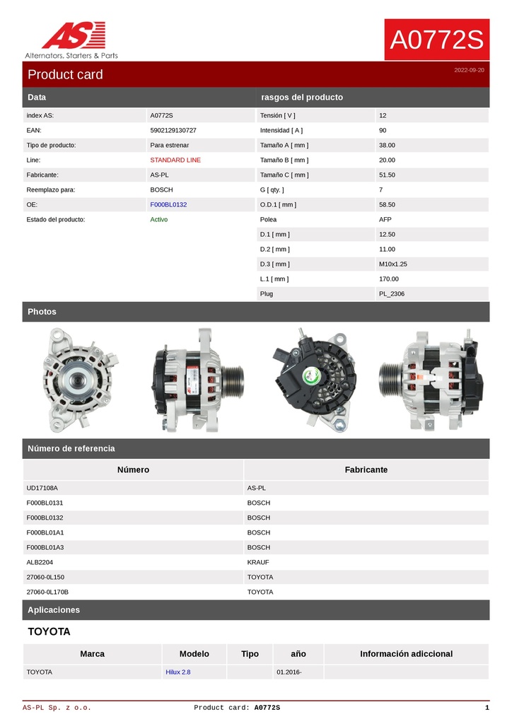 ALTERNADOR TOYOTA HILUX 2.8 2016 ADELANTE 12V 90AMP 7PK PROTOCOLO LIN F000BL0131 0124315033 0124315034 F000BL01A1 27060-0L170B ZEN41005